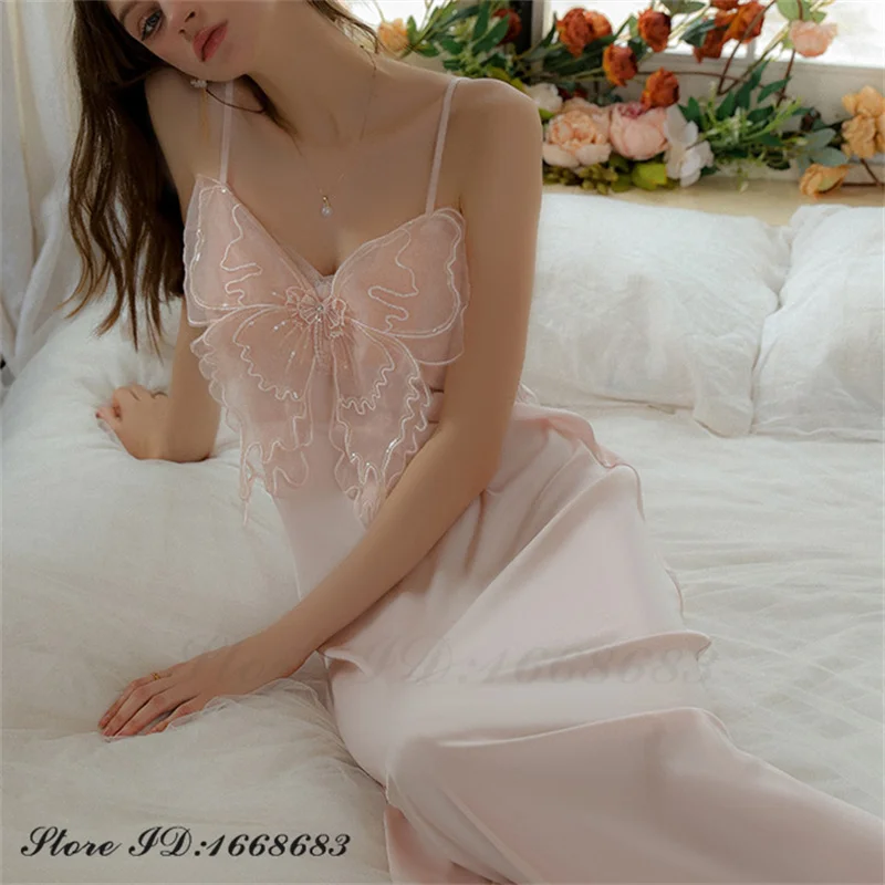 Sexy Long 2PCS Robe Nightgown Set Sequin Butterfly Lace Negligee Home Dressing Gown Spring Autumn Women's Sleepwear Lounge Wear