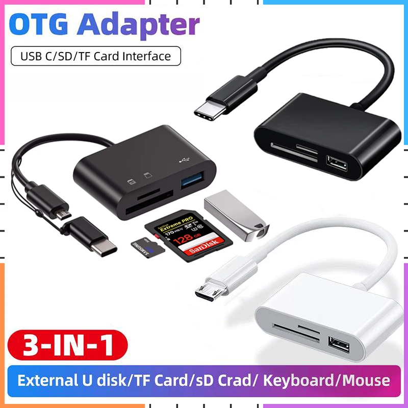 3 In 1 USB C Card Reader Type C Micro USB OTG SD/TF U Disk Card Reader Adapter HUB for PC Camera Phones