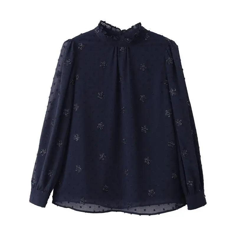 Female Clothing Casual Solid Color Blouse Stylish Dot Floral 2024 Spring Autumn Commute Ruffles Stand Collar Korean Button Shirt