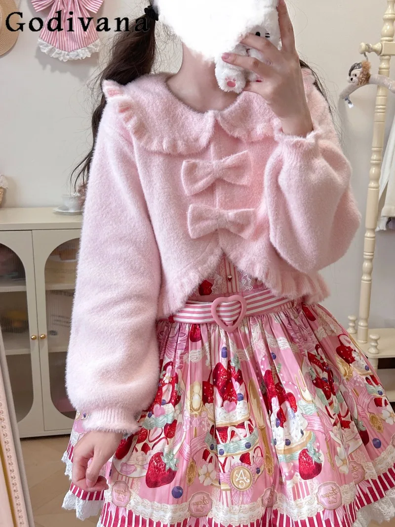 

Japanese Style Original Lolita Autumn Winter Cute Bunny Ear Coat Warm Short Versatile Cute Bowknot Plush Soft Girl Cardigan