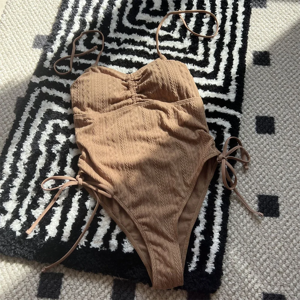 Sexy Drawstring Pleated Bikini Bandeau Swimsuit Halter String Swimwears Women Korean Pink Y2K Jacquard Beach Outfit Bathing Suit