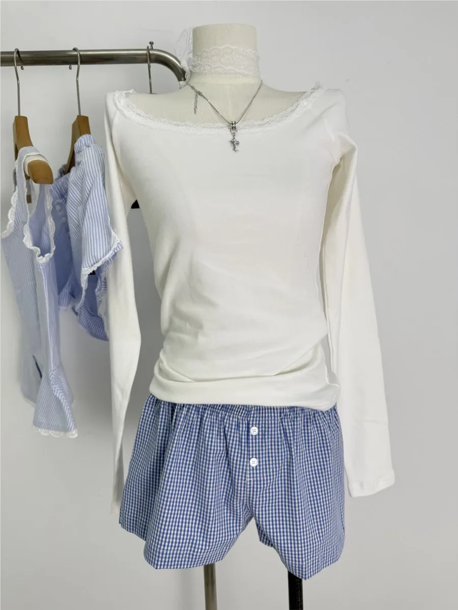 

Lace Trim Long Sleeve T-shirt Short Pajama Set Women Slash Neck Tees+Buttons Straight Short Pants Casual Sweet Home 2 Piece Sets