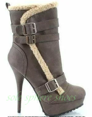 Grey Faux Suede Mid-Calf Platform Boots Fuzzy Faux Fur Multi Metal Buckle Straps Stiletto Boots Zipper Winter Warm Women Boots