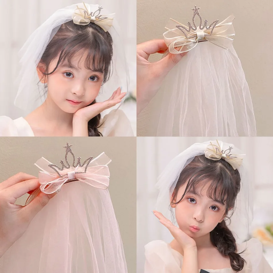 Cute Girls Pearl Crown Hairpin Veil Hair Clip Fashion Rhinestones Mesh Hairband Photo Kid Headwear Children Wedding Hairpin SY08