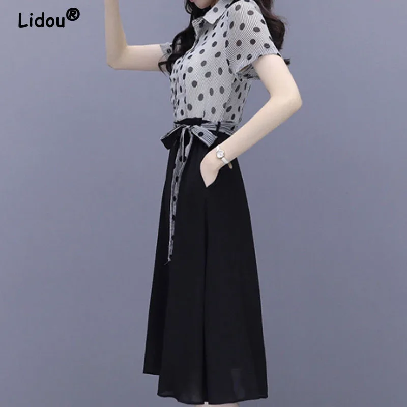 Polo-Neck Chiffon Dress for Women, Polka Dot Printing, Waist Lacing, A-Line Dresses, Elegant Fashion, Korean Chic, New, 2024