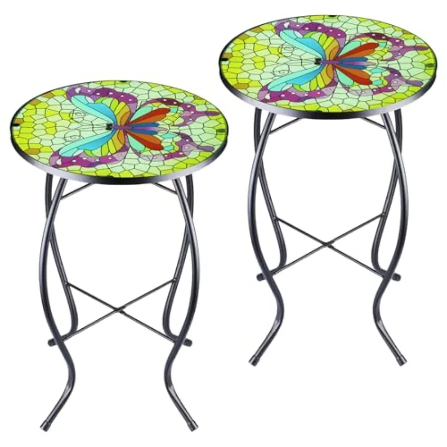 

2PCS 12 Inch Small Outdoor Side Table with Colorful Butterfly Glass Mosaic Patio Table Indoor Round Plant Coffee Table for Livi