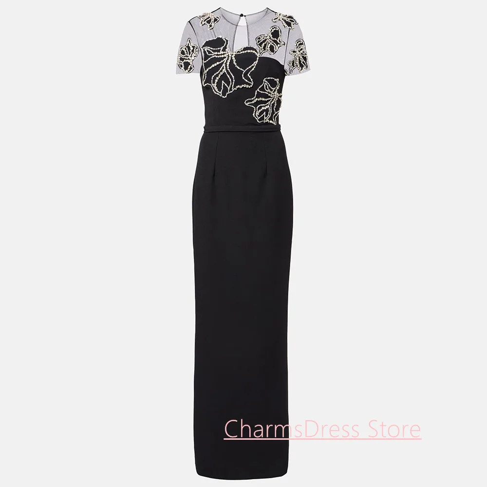 Short Sleeves Black Evening Dress Customized Round Neck Beading Crystal Floor Length Mermaid Party Gown Formal Prom Dresses