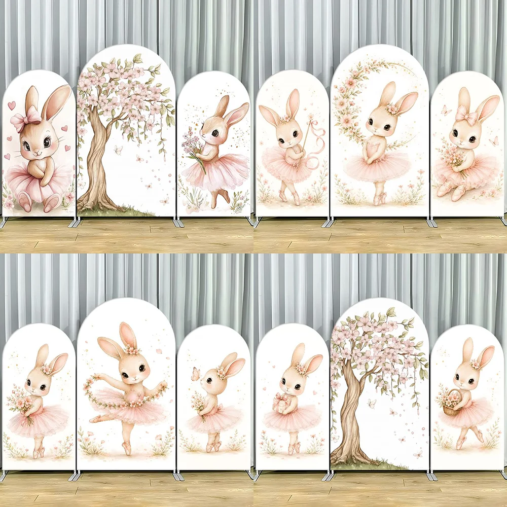 

Bunny Ballet Floral Arch Backdrop Cover Pink Woodland Rabbit Birthday Party Photography Background Decor for Girl Shower Event