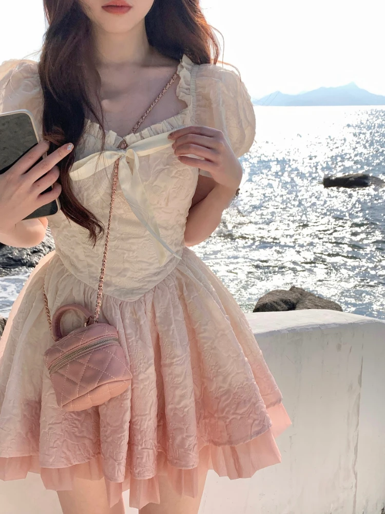 

Kawaii Lolita Dress Women Casual Y2k Mini Dress Slim Elegant Bow Dress Party Elegant Vintage One Piece Dress Korean 2023 Summer