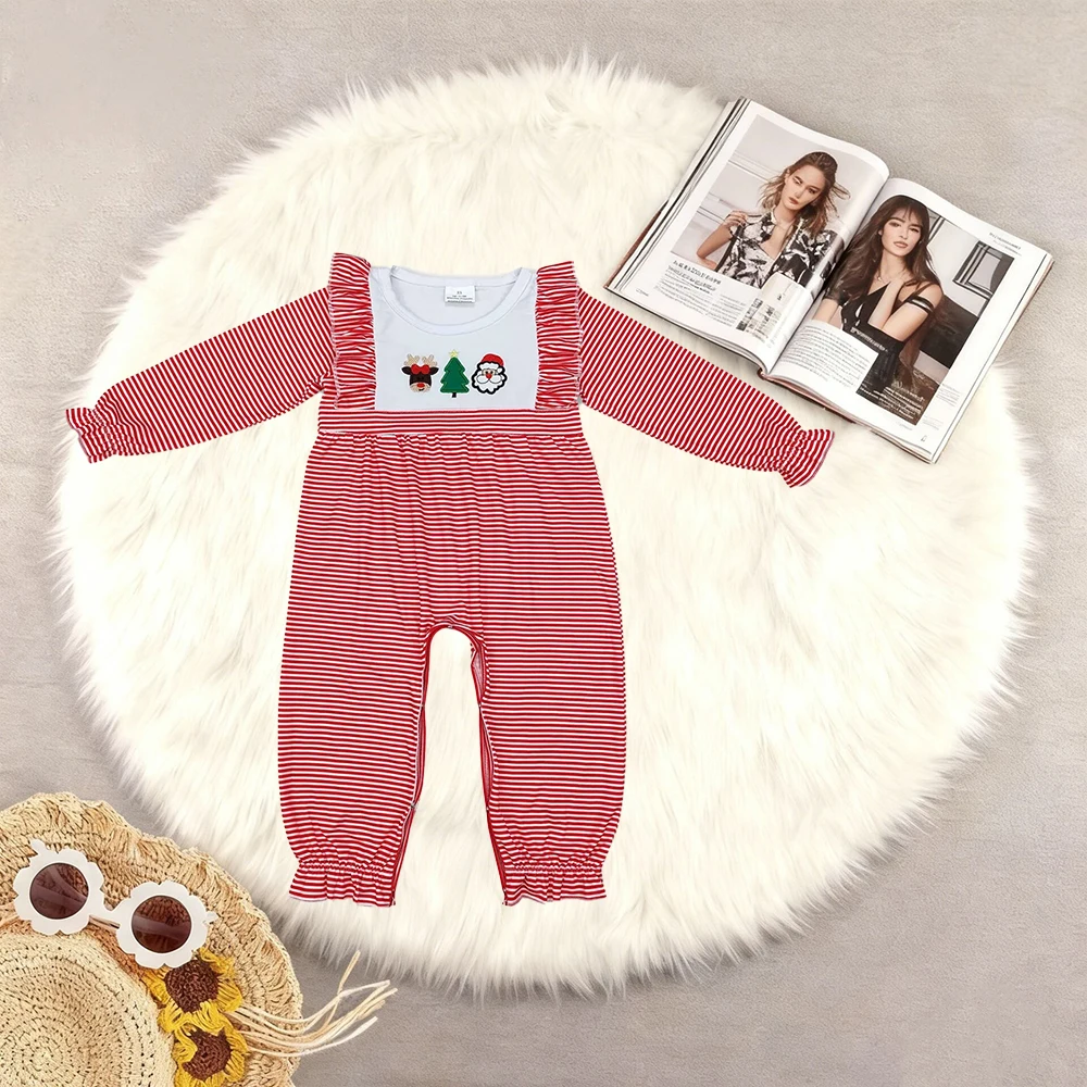 

10.14 Зимние комбинезоны для маленьких девочек, рождественские красные полосатые комбинезоны с изображением Санта-Оленя и дерева для маленьких девочек