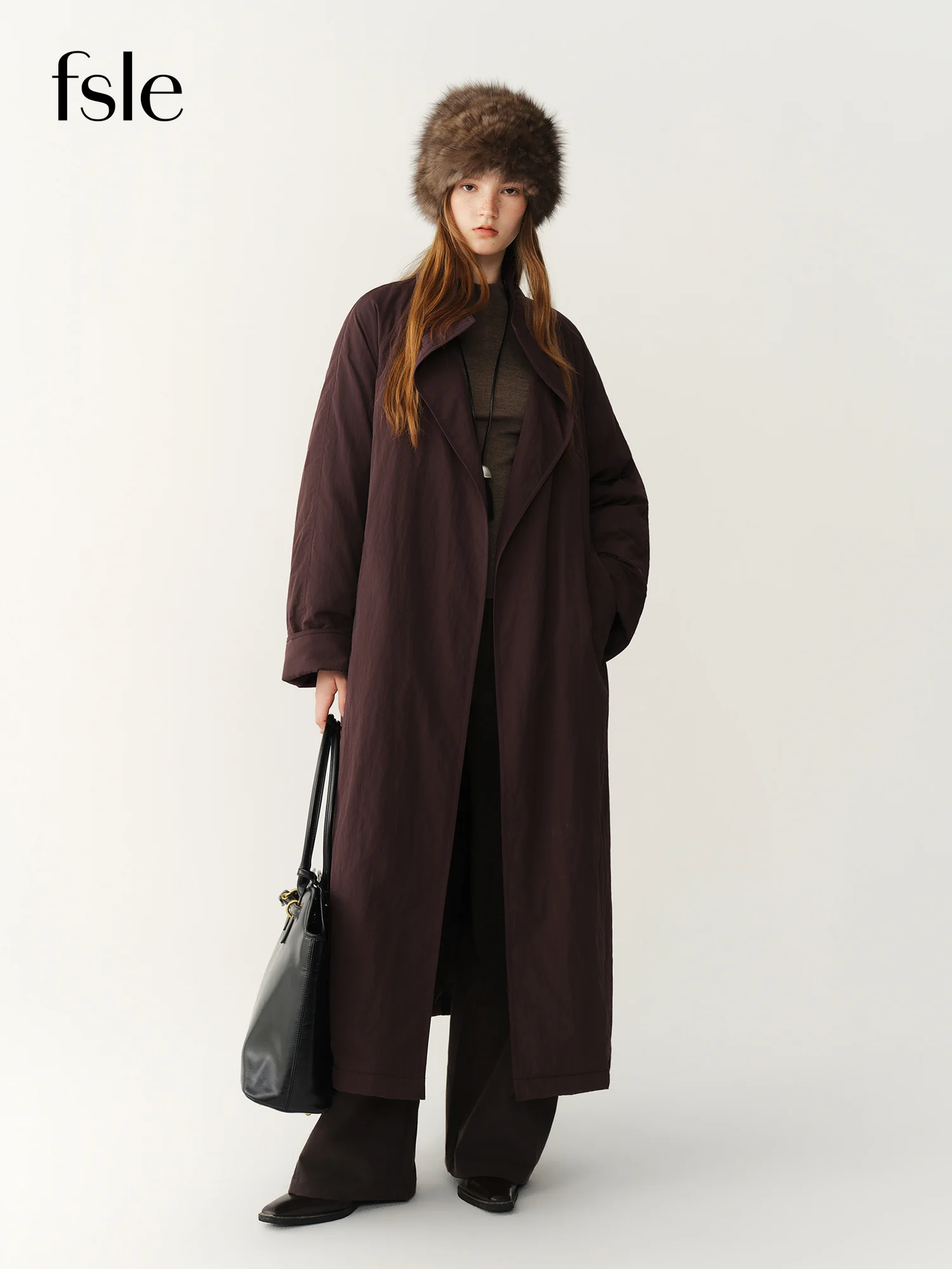FSLE 2026 Winter Women's Commute Stand Collar Direct Down Fill Trench Inspired Down Mid Long Puffer Coat Warm Quilted Outerwear
