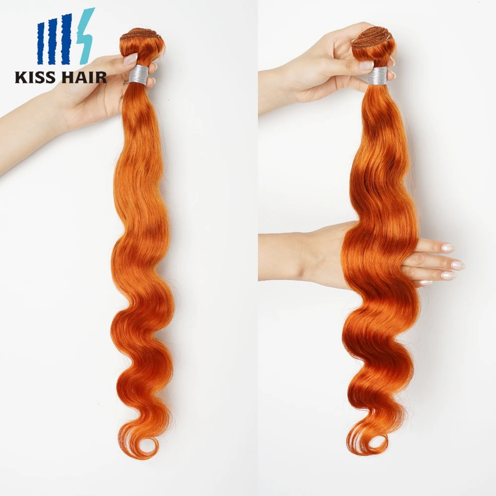 KissHair-Ginger Laranja Pacotes de Cabelo Humano, Onda Do Corpo, Tecelagem De Cabelo Brasileiro, Extensão Do Cabelo Ondulado, Sem Emaranhado, 100g, #350