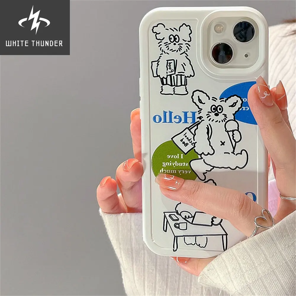 Korean Cute School Whtie Dog Stand Holder Soft Phone Case For IPhone 12 11 13 Pro Max XR X XS Max Cartoon Protective Back Cover