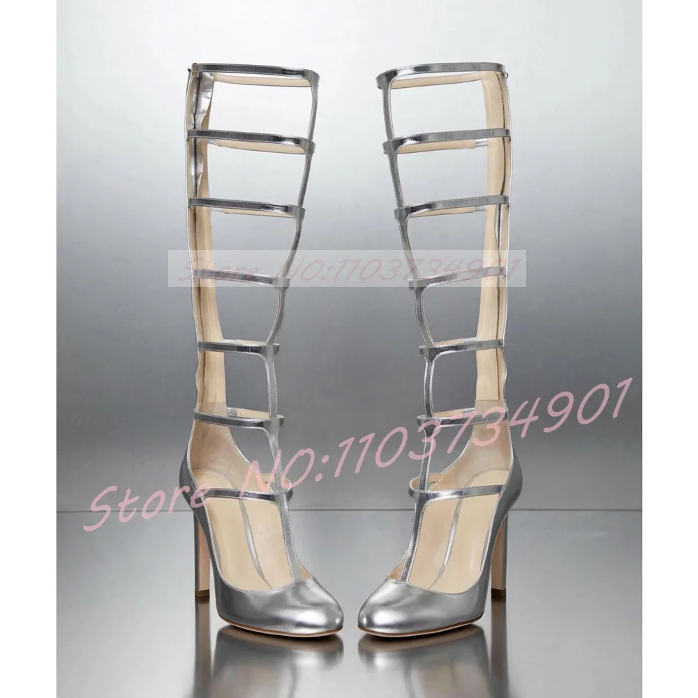Metallic Silver Leather Cage Pumps Women Gladiator T-bar Round Toe Back Zipper High Heels Sandals Runway Party Knee High Sandals