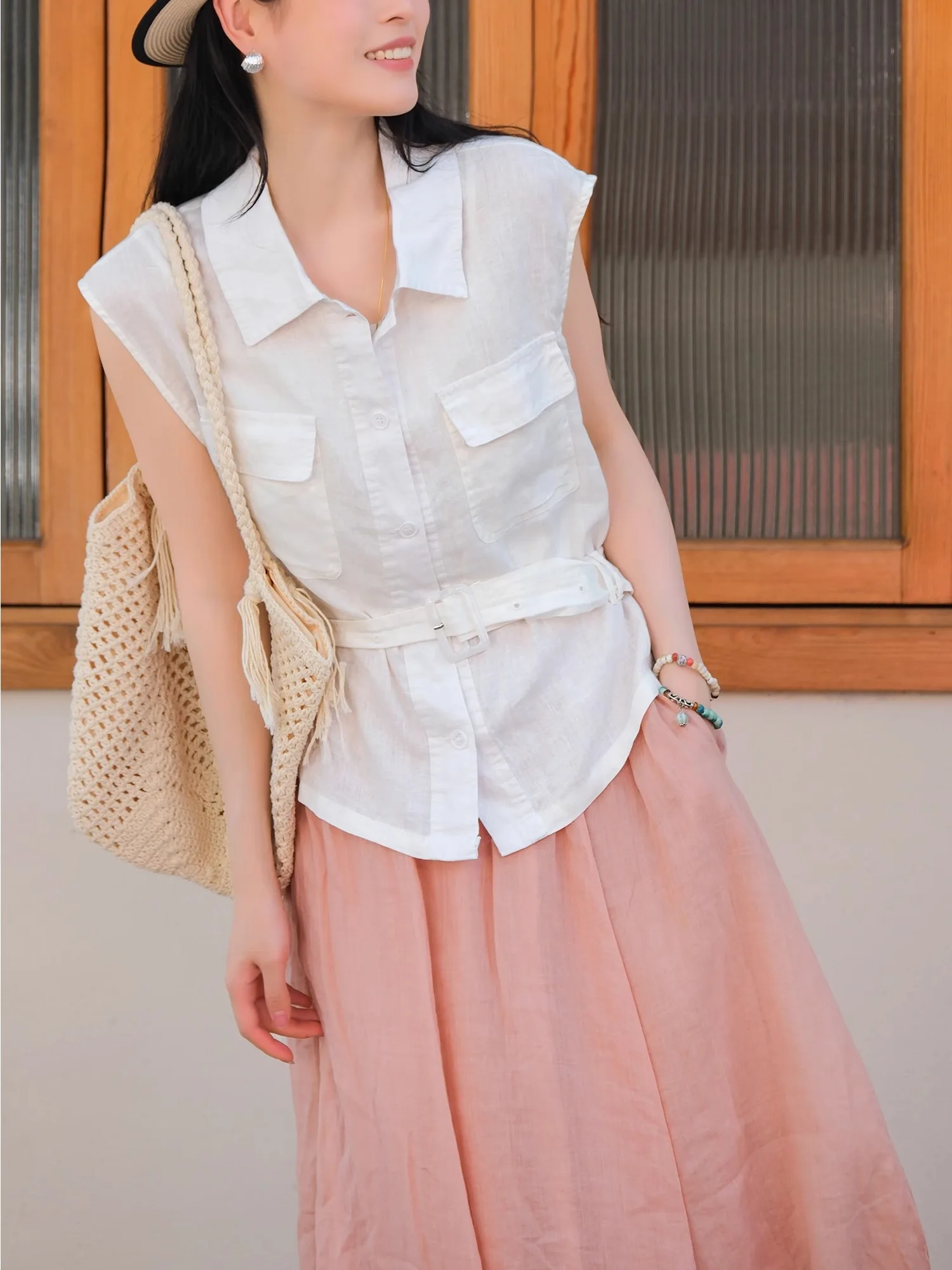 

Ele Lady's Linen irt without Sves with Belt Commute Sle Fermented 00 Linen irt by Little Ear Production