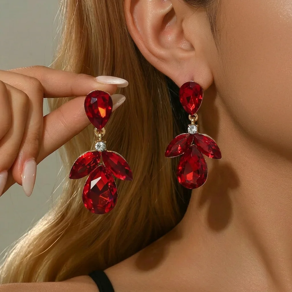 Vintage Fashion Looks - 2PC-Vintage Gold Red Crystal Teardrop Drop