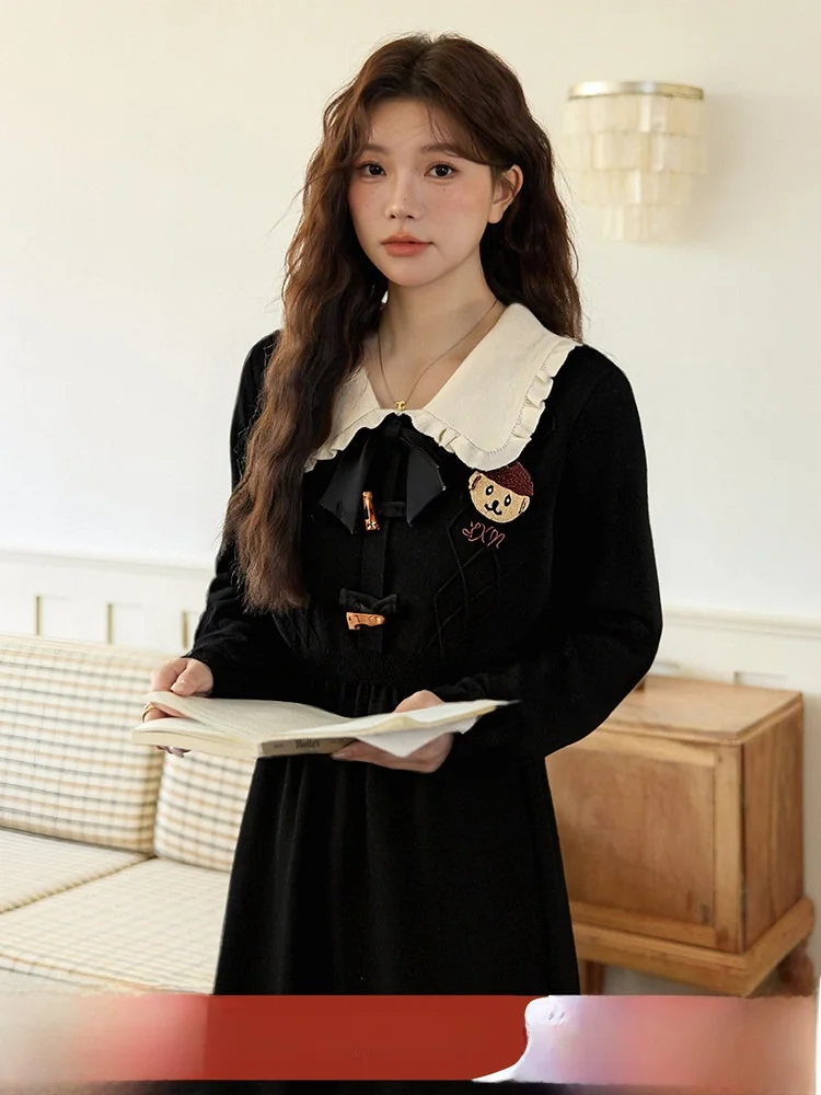 

Elegant Long Sleeve Black Doll Collar Dress Women's Autumn Slimming Long Dress Standard Fit Casual Wear Glue Fiber Material