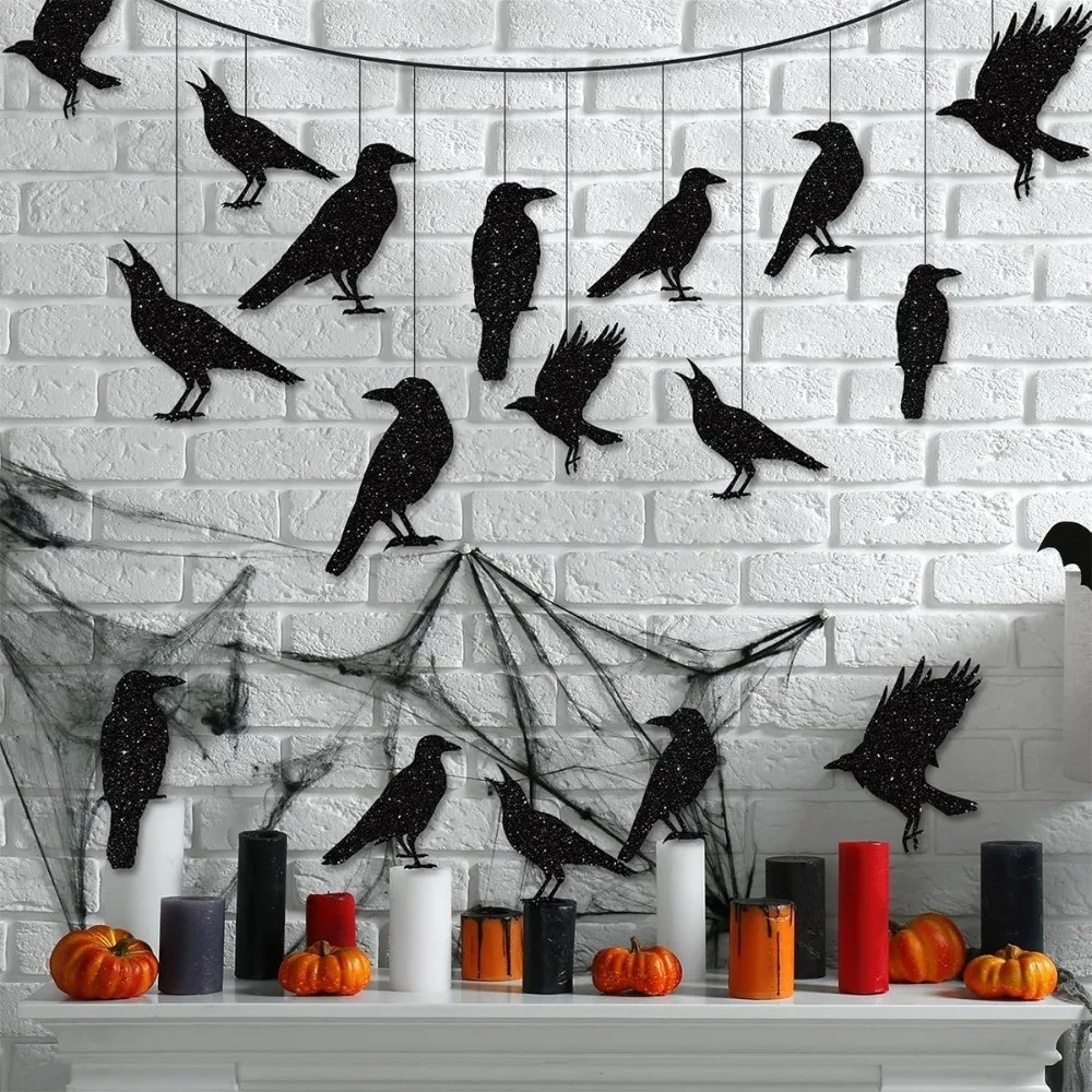 12pcs Dark Glittery Halloween Garland Lightweight Pack of 12 Black Crow Hanging Decor Double Sided Flat Pack
