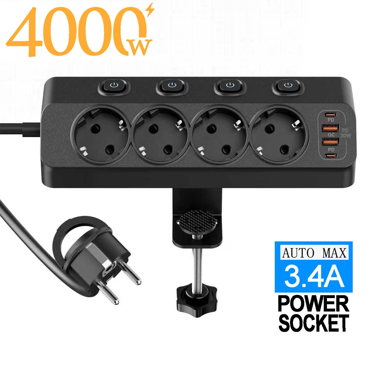 الاتحاد الأوروبي التيار المتناوب التوصيل قطاع الطاقة مفاتيح مستقلة متعددة الوظائف الثلاثي الثابتة المقبس القياسي الأوروبي مع منافذ 2USB-A 2USB-C