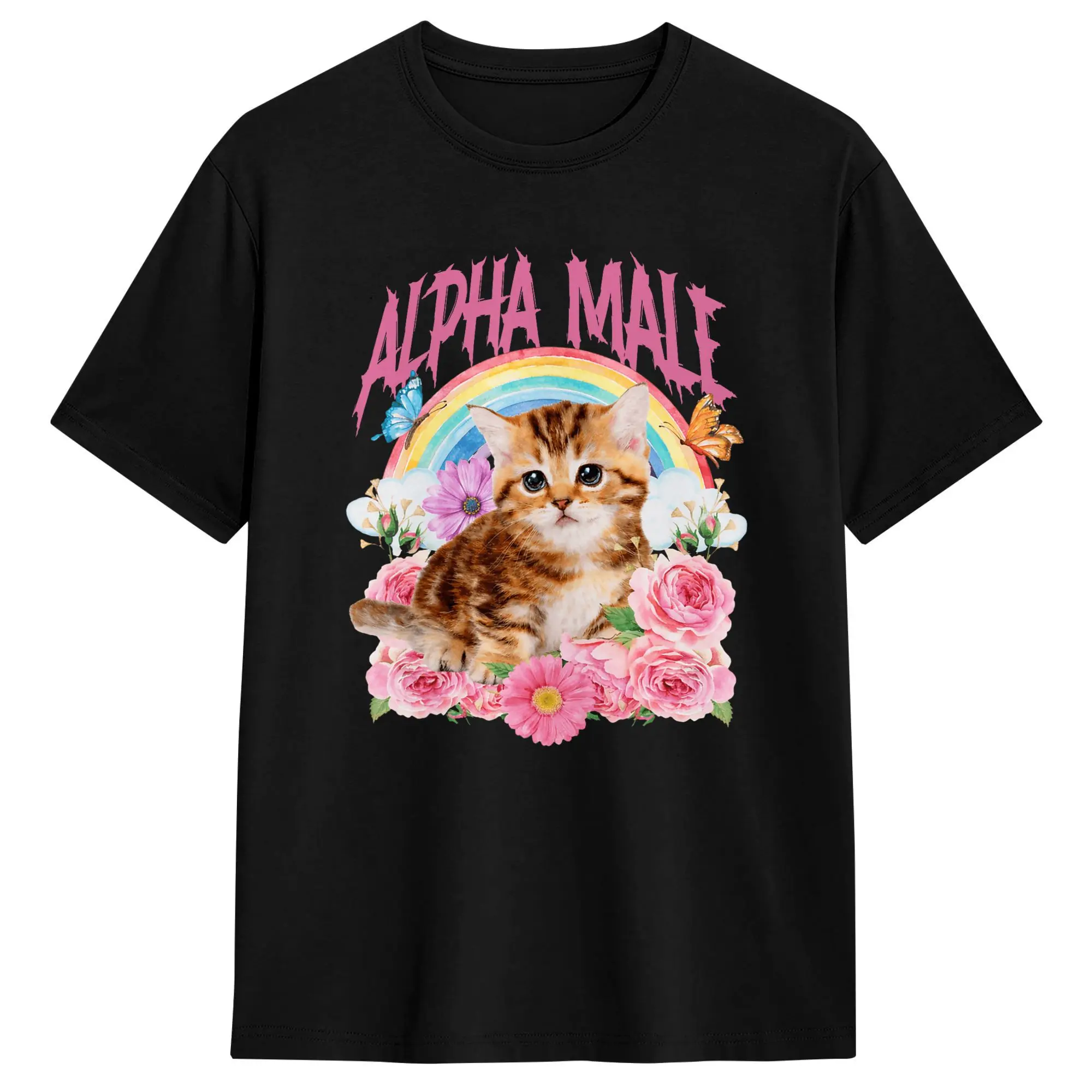 Alpha Male Funny Cat Kitten Rainbow Floral T Shirt Summer  Cotton T-Shirts For Male Trendy Cool Custom Logo Tshirt Short-Sleeved