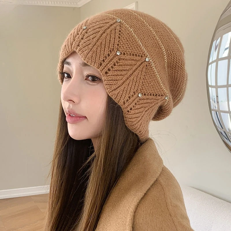 Rabbit Fur Stacking Hat Drill Embellishment Warm Face Small Head Circumference Warm Knitted Hat Simple Versatile Cold Hat