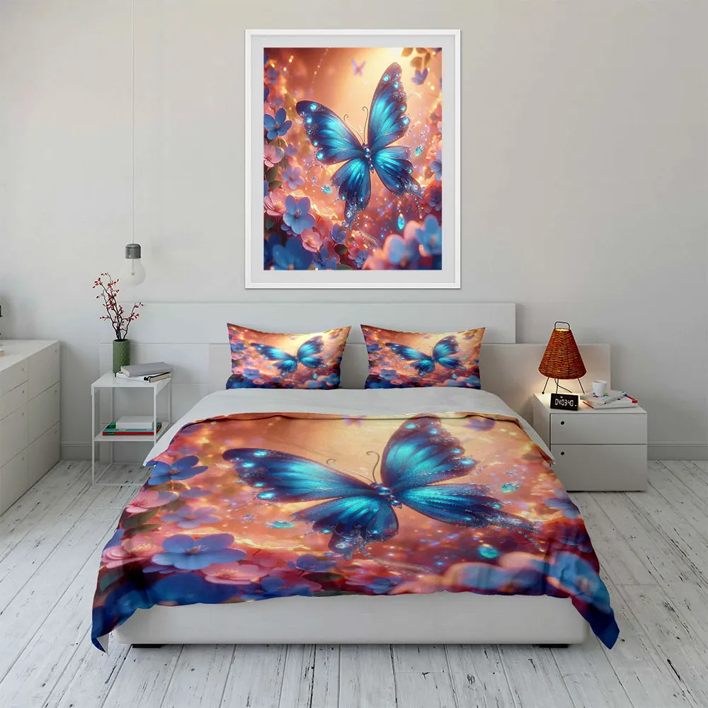 3pcs Dreamy Blue Butterfly in Blossoms Duvet Cover Set with 3D Printing Design Soft Polyester Bedding Set All-Season Comfort