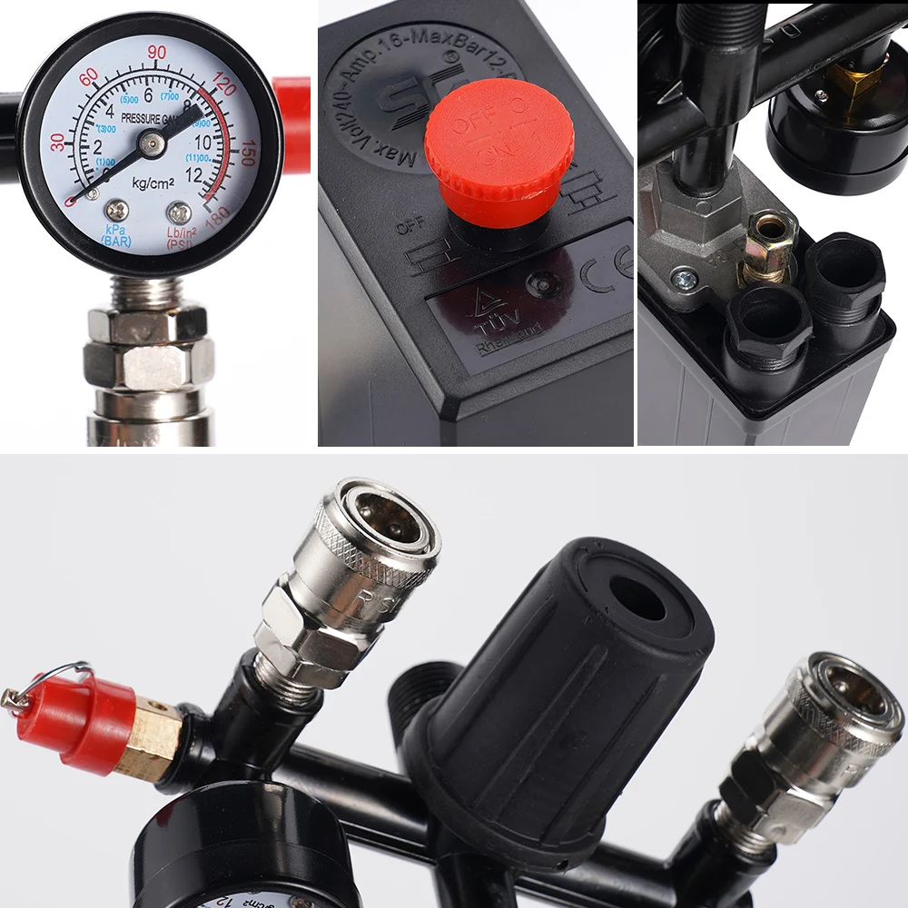 4 Port Air Compressor 220v All Black Bracket With Switch Manifold Pressure Regulator Aluminum Alloy Safety Pressure Valve