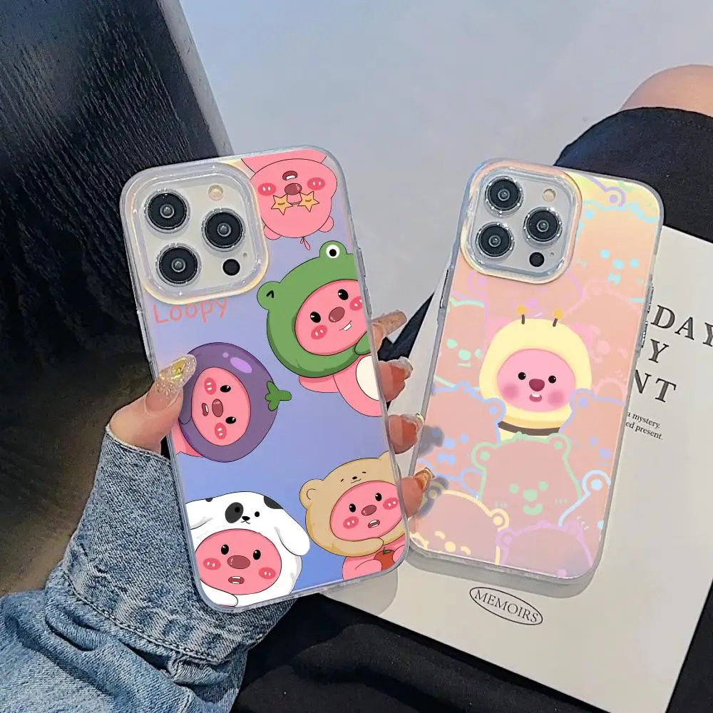 

Lovely Cartoon L-LoopyES Phone Case For iPhone 17 16 15 14 13 12 11 Pro Max Plus Transparent Aurora Laser Gradient Cover