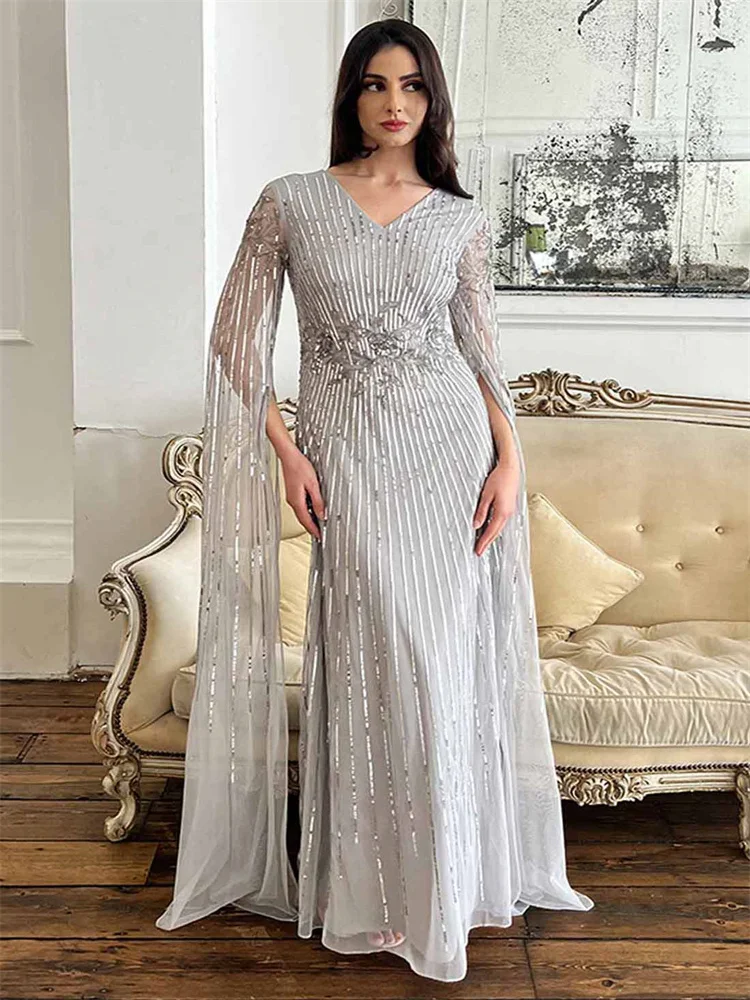 Trumpet/Mermaid Elegant Prom Evening Dress V-Neck Long Sleeve Floor Length Back Zipper Lace Formal Party Dress With Beading