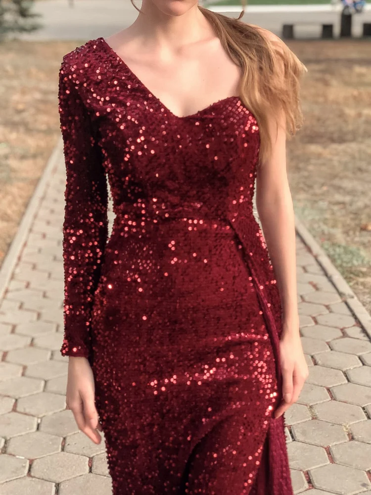 One Shoulder Long Train Stretch Sequin Party Dress Padded Bodycon Open Back Evening Night Gown