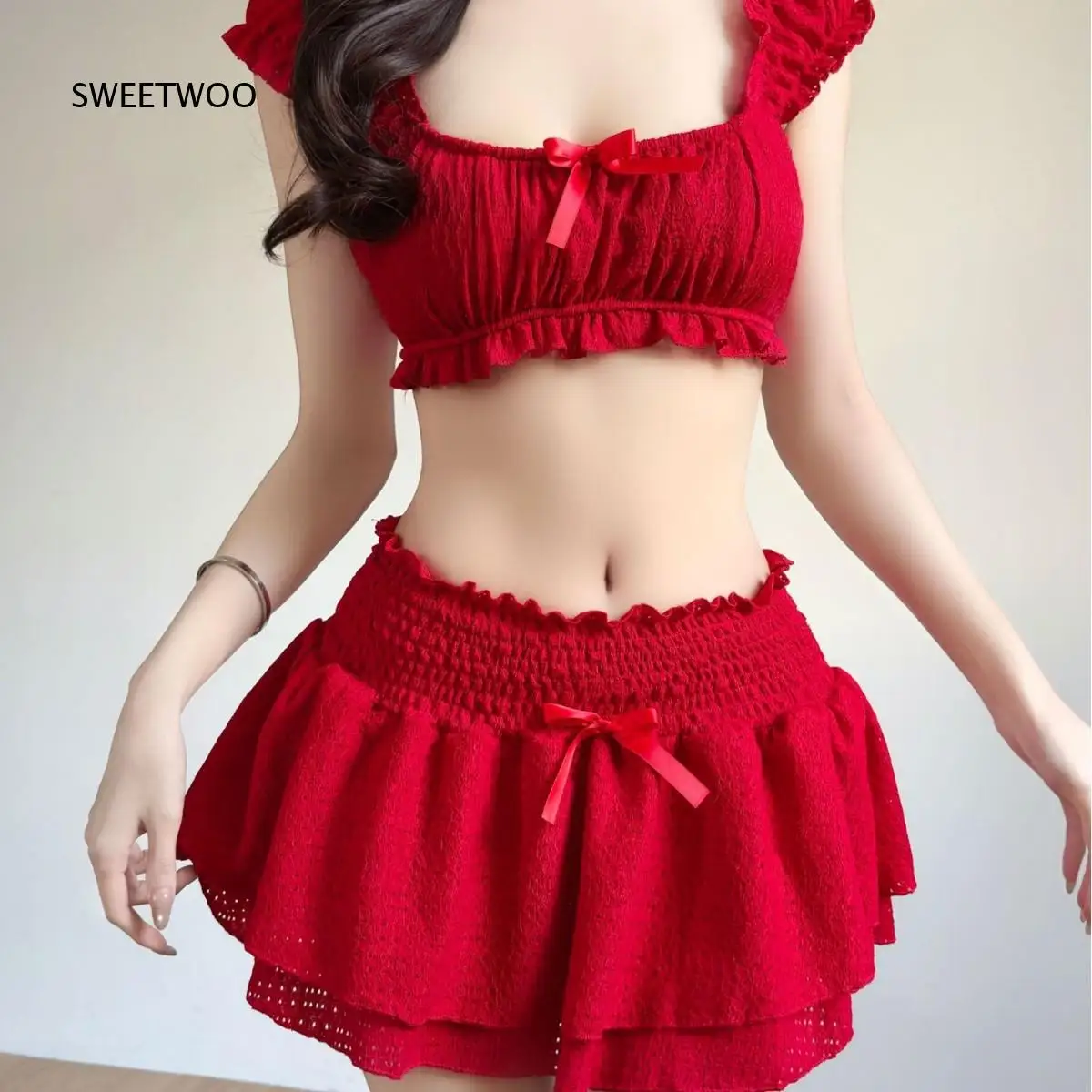 Women 3 Piece Bow Decor Swimsuit Set Square Neck Ruffle Short Sleeve Top High Waist Ruffle Skirt Shorts Bottom For Beach Pool