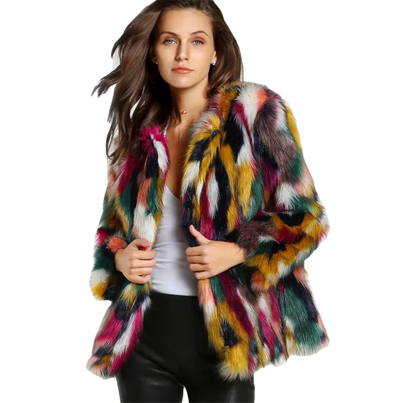 Fashion Contrast Multi Color Faux Fur Coat Long Hairy Shaggy Outwear Women Autumn Winter Short Jacket Coat Tops Women Clothes