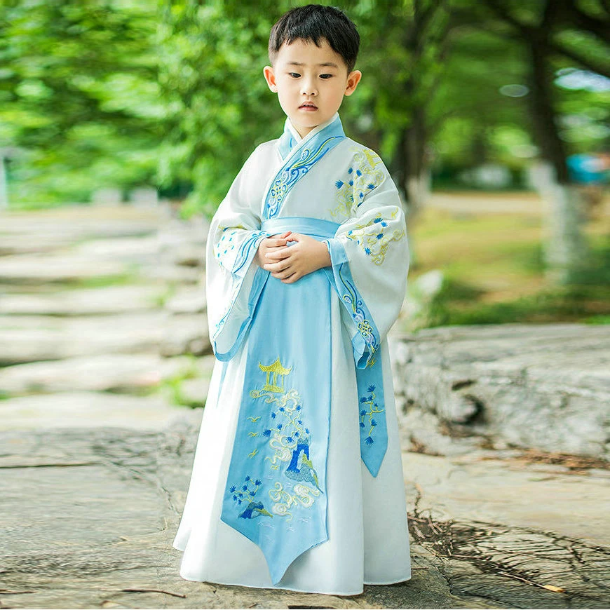 Oriental Boys Blue Vintage Hanfu Clothes For Kids Auspicious Pattern Embroidery Ancient Chinese Prince Costumes 2024