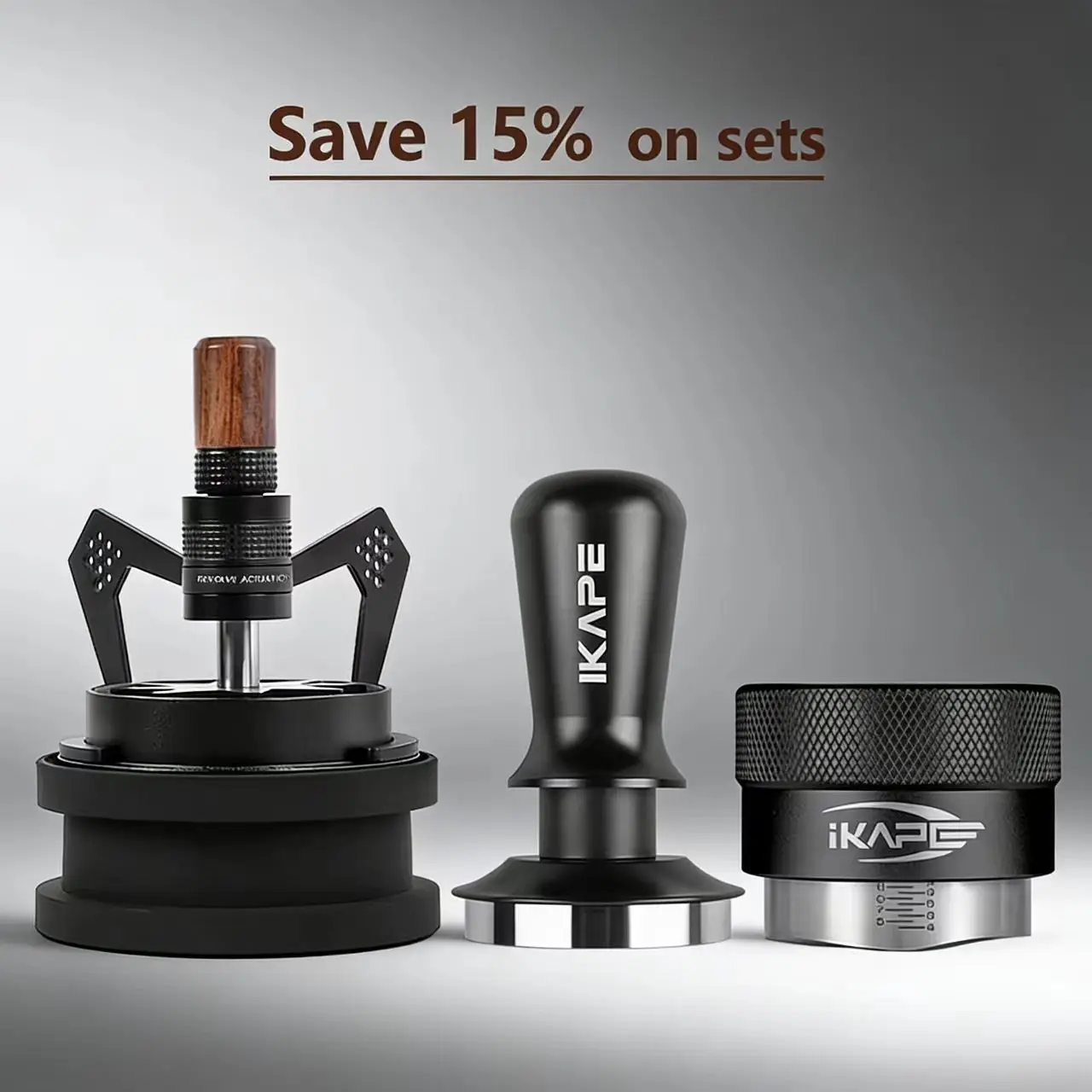 IKAPE Espresso products, Coffee Tool Set with Rotary WDT Tools and V3 tamper and distributor (Three-piece suit, Black/Silver)