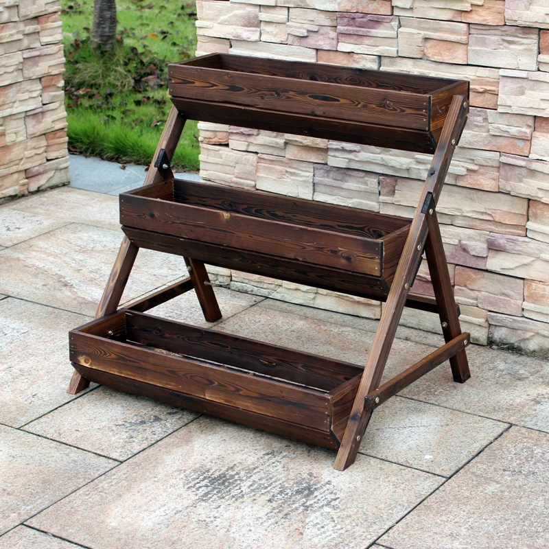 

Carbonized solid wood outdoor ladder flower stand balcony courtyard garden wooden flower pot trapezoidal wooden barrel multi-lay