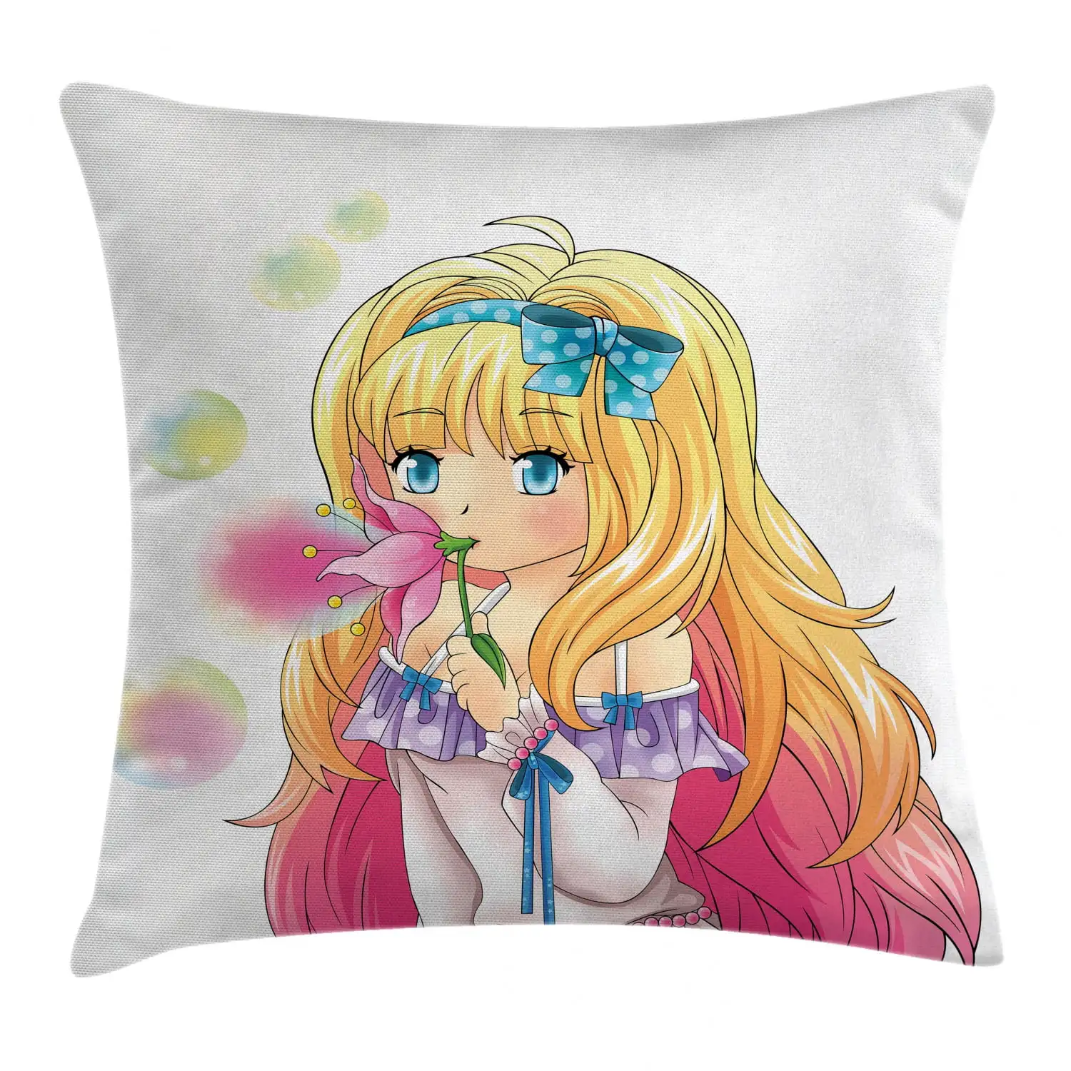 Anime Throw Pillow Cushion Cover, Cute Manga Girl Blowing Bubbles from a Flower Japanese Cartoon Artsy Japan Art Print,