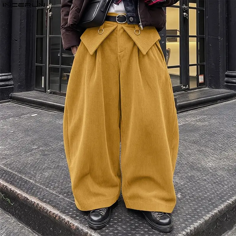 INCERUN Men's Pants Solid Color Button Joggers Loose Casual Trousers For Man Corduroy Fashion Wide Leg Pants Pantalones Oversize