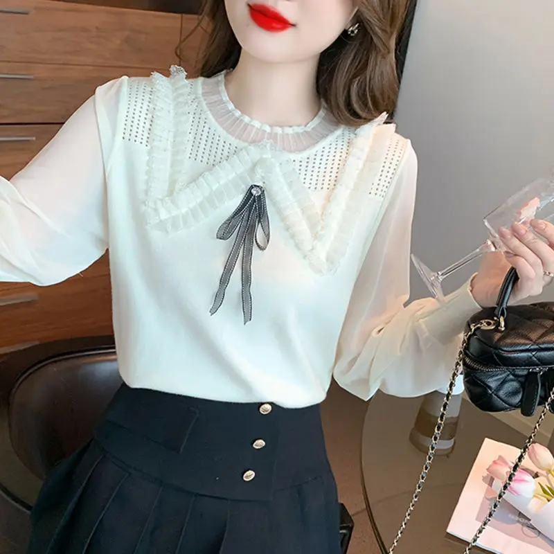 Fashion O-Neck Gauze Spliced Lace Ruffles Hollow Out Bow Blouses Female Clothing 2024 Spring New Loose Korean Tops Sweet Shirts