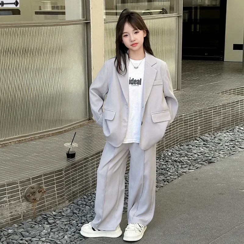 School Teen Kids Suit Fashion Grey Loose Blazer Wide Leg Pants Two Pieces Children Costume 10 12 14 Years Casual Kids Clothes