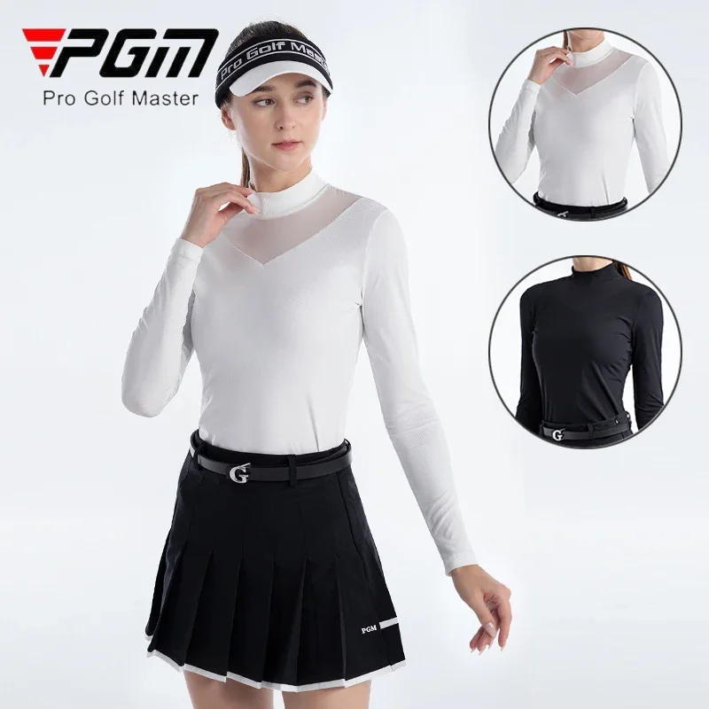 PGM Ladies Spring Golf T-shirt Women Lace Hollow Round Neck Sports Shirt Ladies Slim Long Sleeve Tops Elastic Leisure Golf Wear