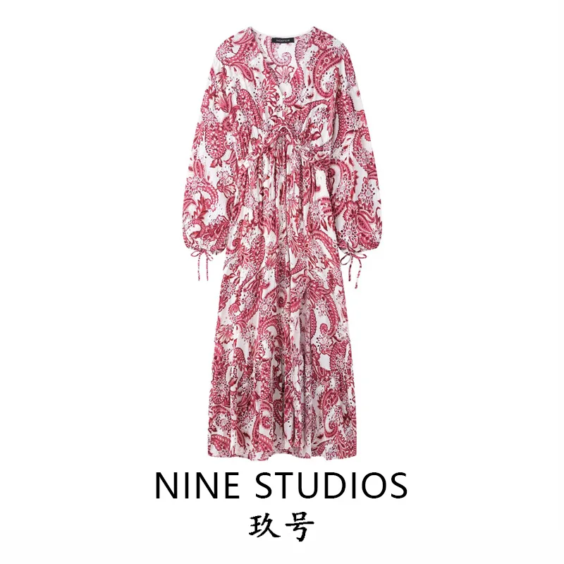 NINE ZAR レディース Vネック レースアップ ホローアウト 刺繍入り ミディ丈 ロングドレス コットン ランタンスリーブ ハイウエスト サマーカジュアルドレス