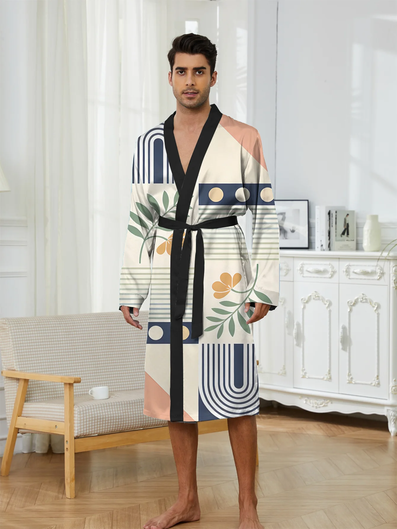 

3D Digital Printing Men's Bathrobe, Casual Long Robe for Spring and Autumn, Quick-Drying Home Sleepwear