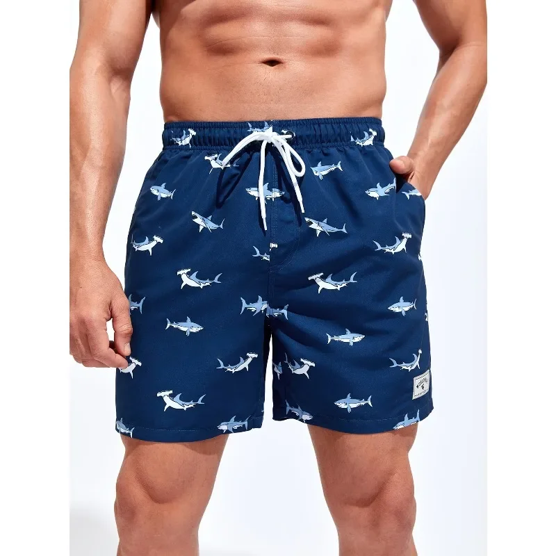 

Men's shark print monogrammed detail drawstring waist swimming trunks, Hawaiian stylenv