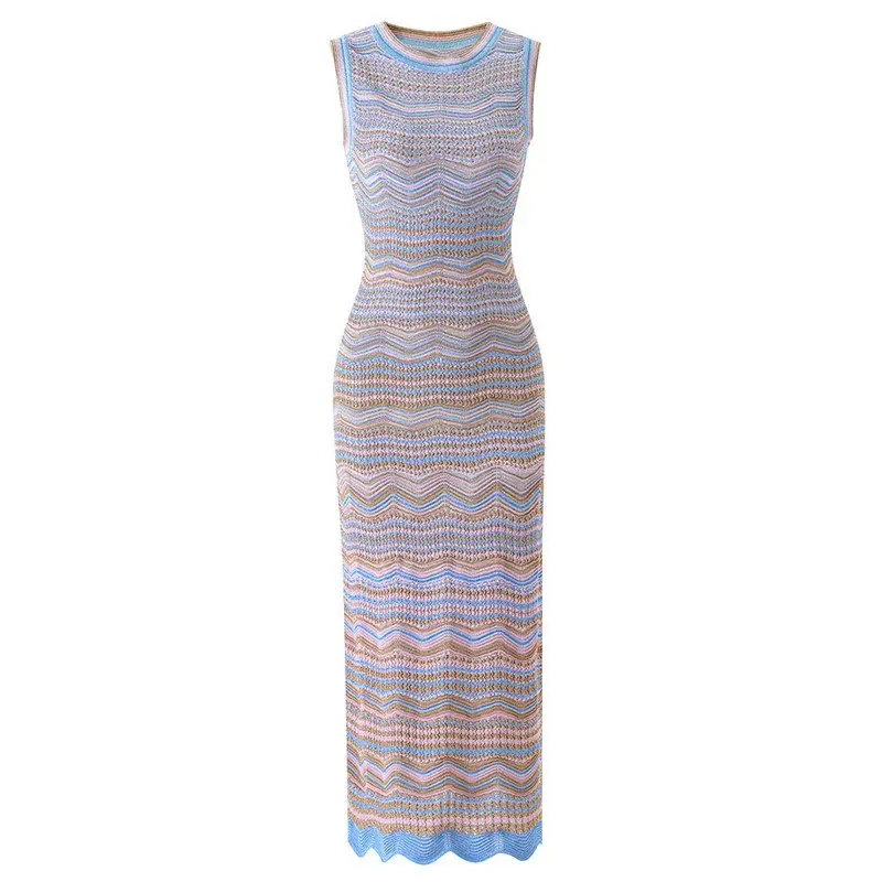  Gradient Wave Knitted Dress Elegant Fashionable High-End Sensation Midi Dress Sleeveless round Neck Citywalk Dress