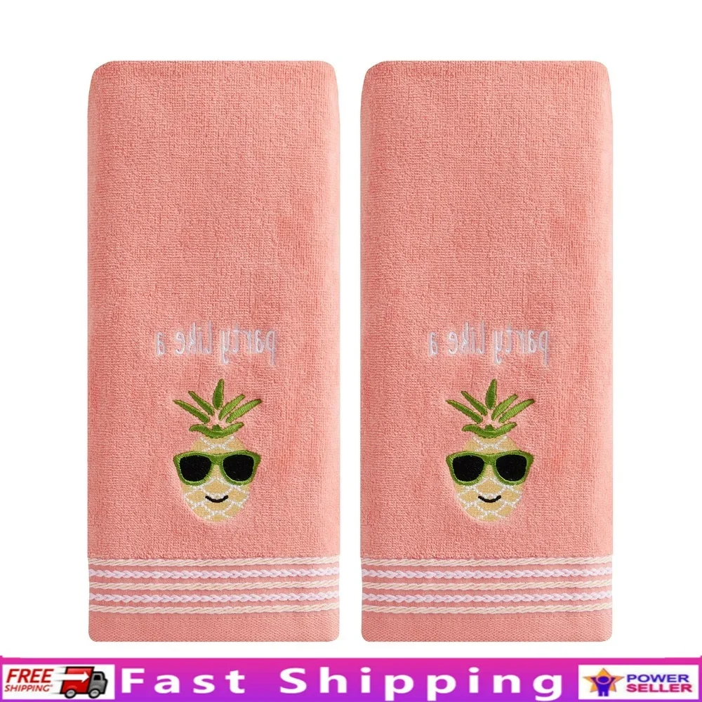 

Tropical Pineapple Hand Towel Set 2 Piece Cotton Plush Fun Washroom Decor Embroidered Novelty Towels