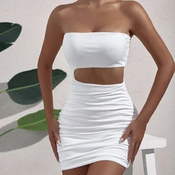 Women Sexy Backless Sleeveless Mini Dress Strapless White Hollow Out Party Pleated Bodycon Short Dresses