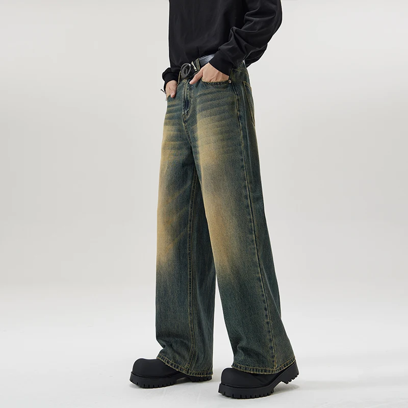 Vintage Distressed Men's Baggy Straight Jeans Spring Autumn Korean High Street Moustache Effect Denim Pants Streetwear Trousers