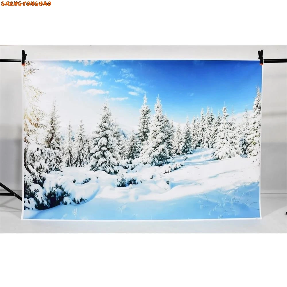 Winter Decoration Photography Backdrops Custom Snow Forest Skiing Field Trees Wooden Home Sleigh Studio Party Photo Backgrounds