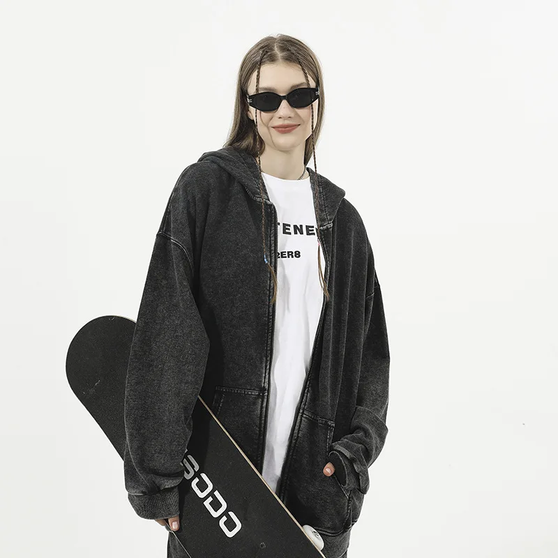 New Style 350g Cotton Weathered Zipper Hooded Sweatshirt for Large Size with Slouchy Retro Washed Large Loopy Cardigan Oversized