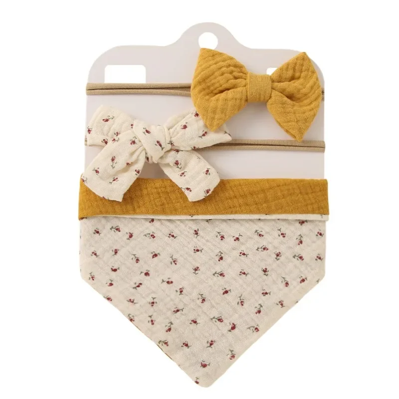 Ins Cross-border New Baby Drool Towel Set Double-sided Children's Printed Cotton Lace Bow Headband Bib